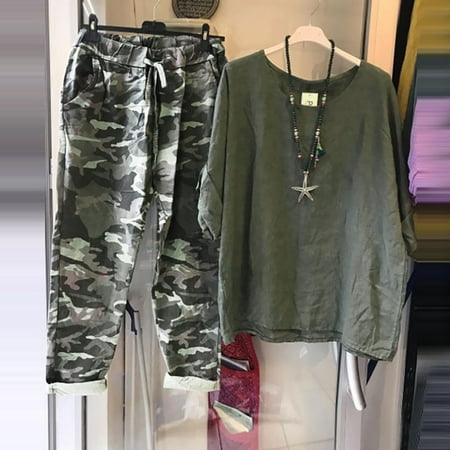 

FITORON Womens Pajama Sets- Camouflage Crewneck Half Sleeve Pullover Shirt Tops + Pants Trousers Set Army Green L