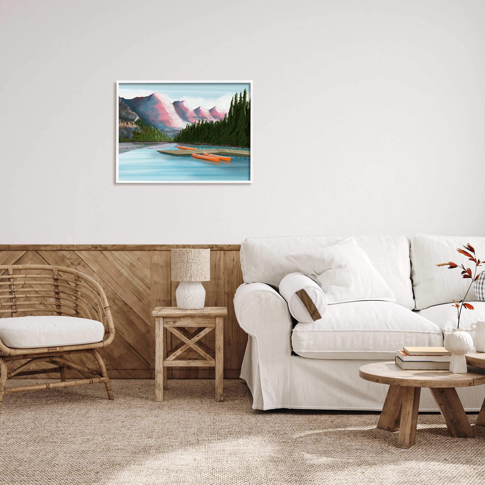 Stupell Calming Lake Camp Nature Canoes Landscape Painting White Framed Art Print Wall Art