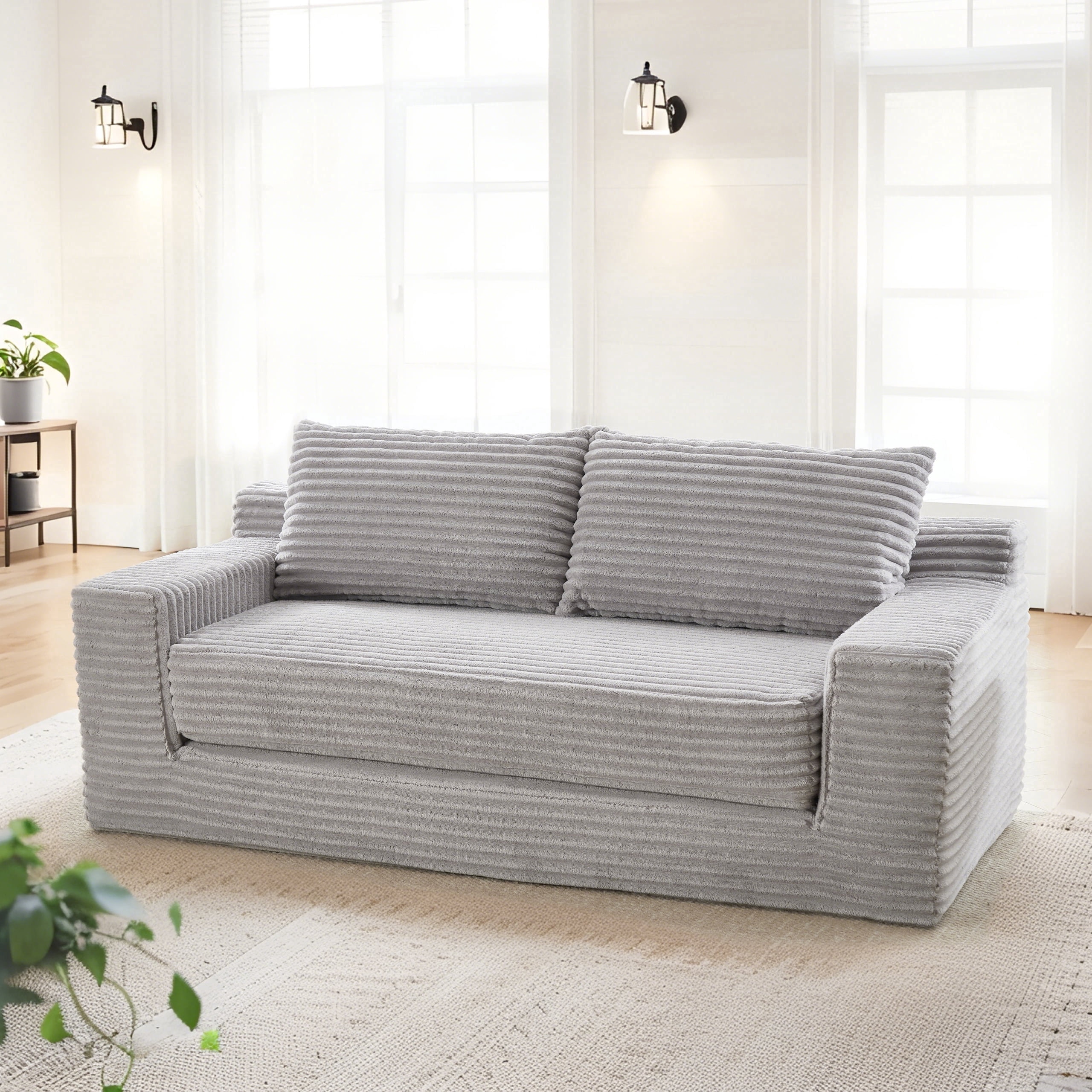 Tmsan 70" Corduroy Convertible Loveseat Sofa, 2 in 1 Cloud Sleeper Sofas with Fixed-Shape Frame, Comfy Folding Boneless Love Seat Couches for Living Room, Apartment, Bedroom, Office,Grey