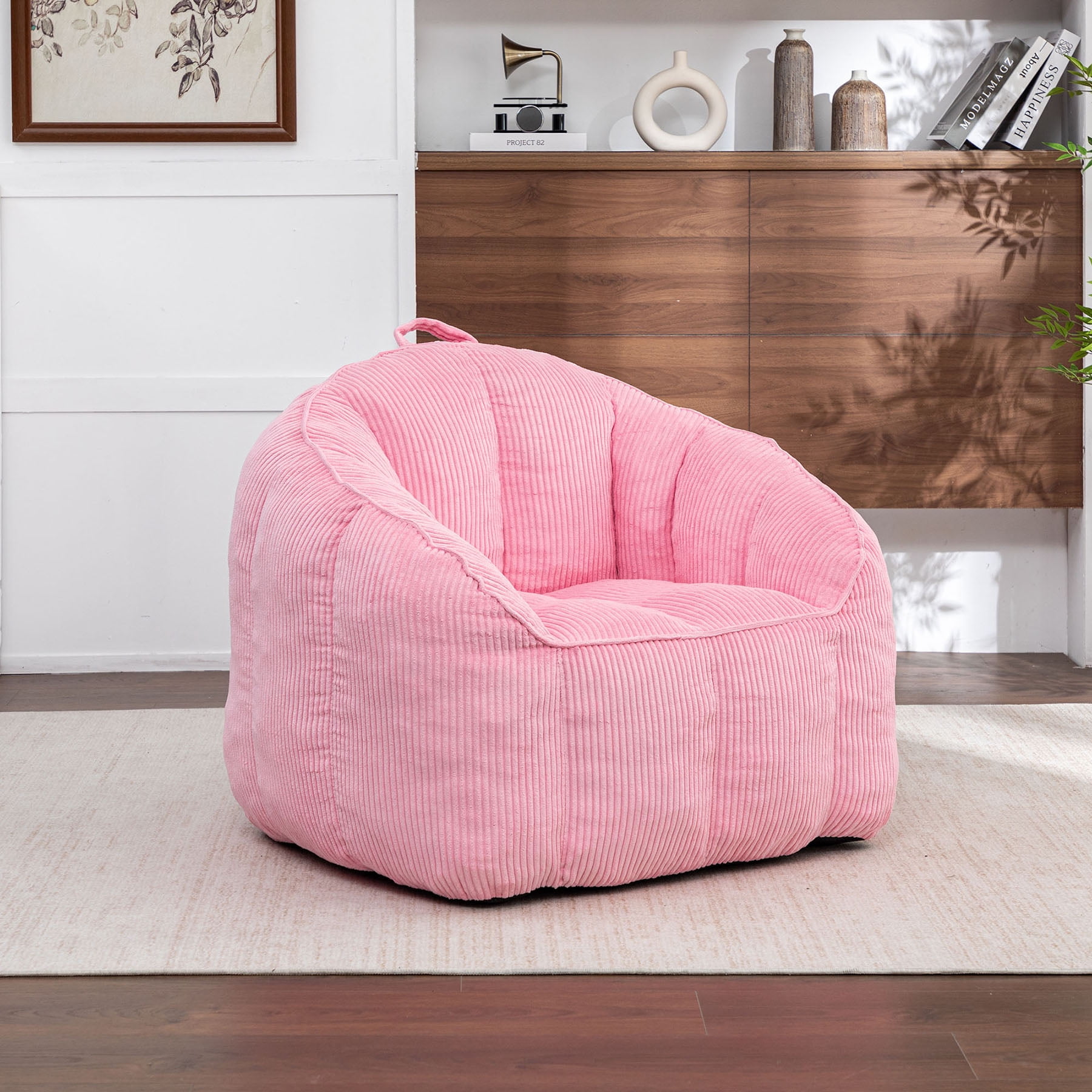 S-HOME Ergonomic Corduroy Bean Bag Chair for Adults and Teens in Classic Colour with Supportive Armrests for All Spaces, Pink