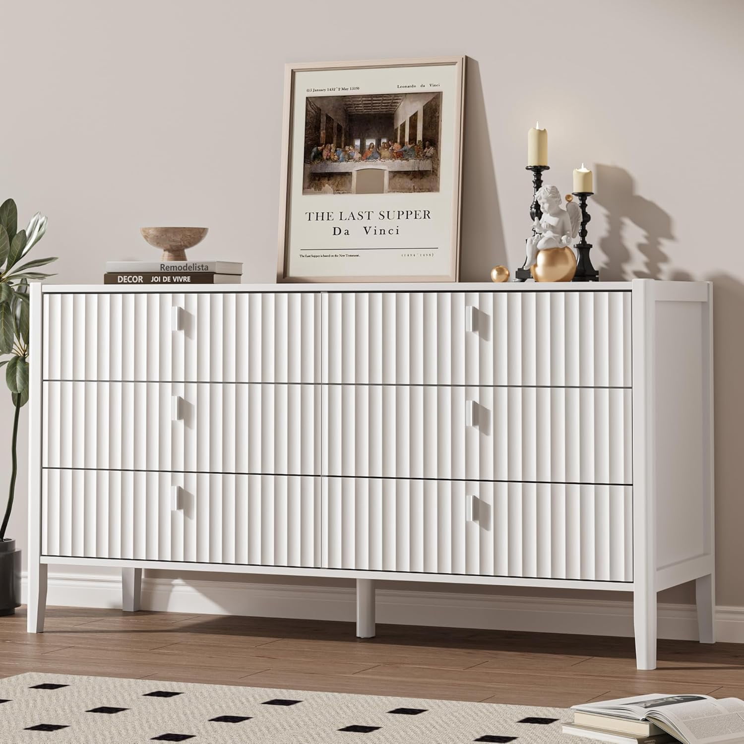 FURNIWAY White 6 Drawer Dresser for Bedroom, Modern Wood Dresser, Fluted Design Double Chest of Drawers with Wood Legs, TV Stand Storage Cabinet for Bedroom, Living Rooms, Offices, and Entryways
