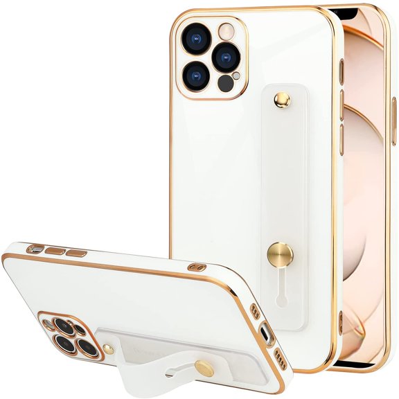 Compatible with iPhone 13 Pro Max Case with Wristband Kickstand Strap Slim Thin Shockproof Case for Women Girls-White
