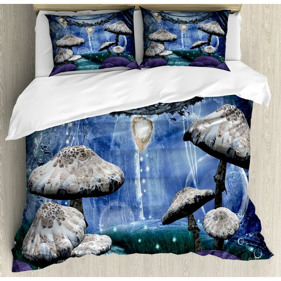Trippy Duvet Cover Set Queen Size, Abstract Dreamlike Forest Scenery at Night with Mushrooms Pixie Dust and Bubbles, Decorative 3 Piece Bedding Set with 2 Pillow Shams, Multicolor, by Ambesonne
