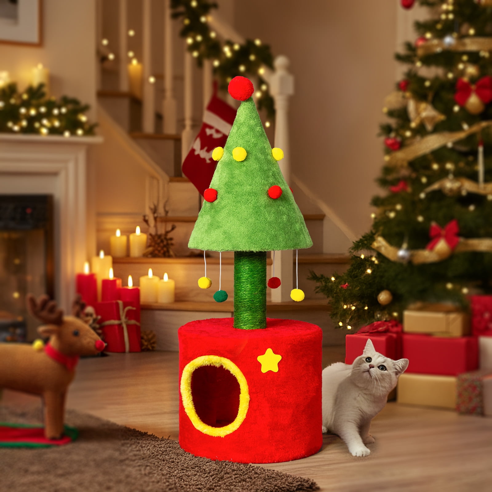 Ktaxon 30'' Christmas Cat Scratching Post with House, Sisal Tower & Hanging Balls for Indoor Kittens, Red & Green