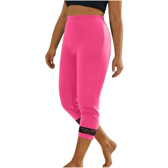 ibuvkizy Capri Pants for Women Summer High Waisted Solid Color Capris Matching Slim Fitting Yoga Gym Pants Lace Leggings Hot Pink,S