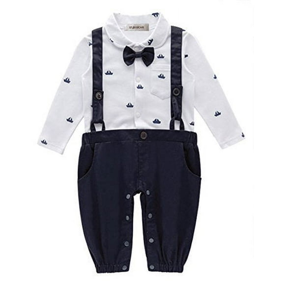 StylesILove Sailor Boat Print Faux Suspender Formal Wear Baby Boy Romper (12-18 Months, Navy Blue)