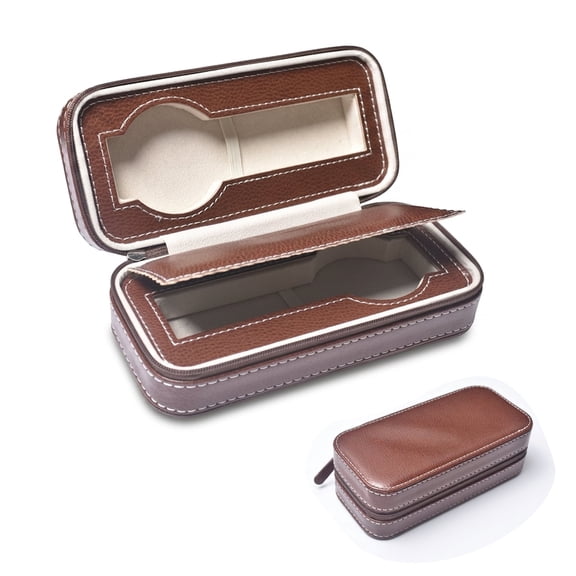YJSStriving 2 Slot Watch Travel Case, Portable Brown PU Leather Watch Organizer Box with Zipper, Compact Watch Storage Case for Men and Women