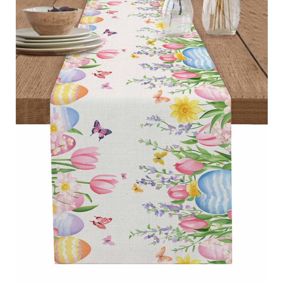 Pink Tulip Flower Easter Table Runner 120 Inches, Pastoral Spring Floral Bed Runner Dresser Scarves Tabletop for Indoor Outdoor Parties/Ceremony/Banquet, 13"x 120"