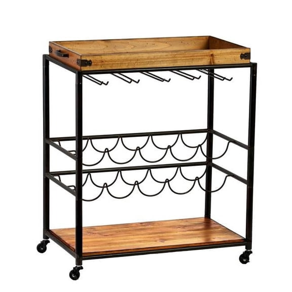HomeRoots Metal Bar Cart with Wine Storage, Brown & Black