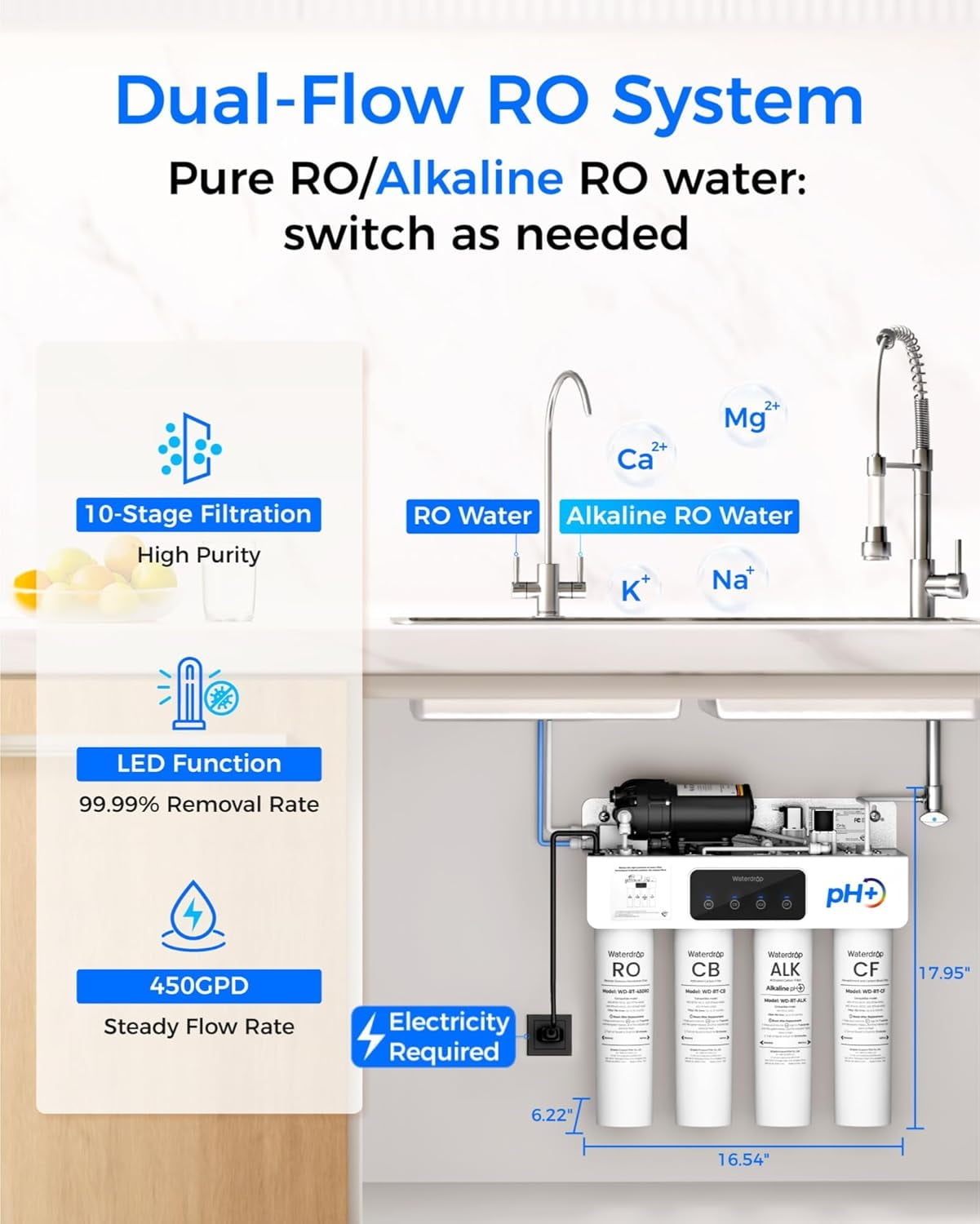 Waterdrop WD-T4-A Alkaline pH+ Reverse Osmosis Water Filter, 10-Stage, 450GPD Tankless Undersink RO Filtration System, 2:1 Pure to Drain, [Dual Flow] ,with extra filter