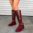 thumbnail image 2 of Women's Knee High Boots Suede Leather Patchwork Block Heel Booties Round Toe Side Zip Fall Winter Party Going Out Shoes Wine 5.5, 2 of 8