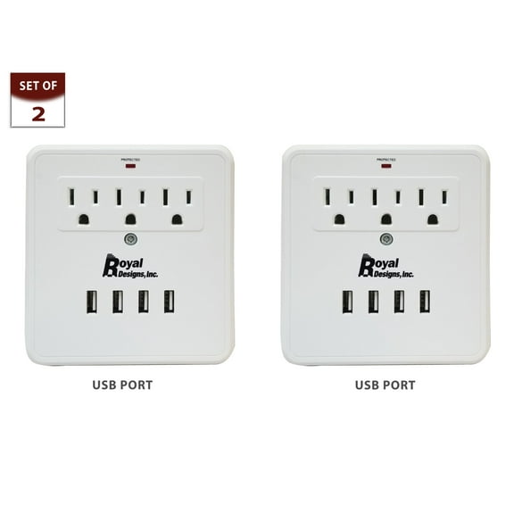 Royal Designs White USB Wall Mount and Surge Protector with 3 Outlets and Four USB Ports, Set of 2