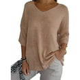 thumbnail image 1 of Solid Color Knitted V-Neck Top, V Neck Loose Pullover Knit Sweaters Tops, Plus Size Tshirts for Women, 1 of 7