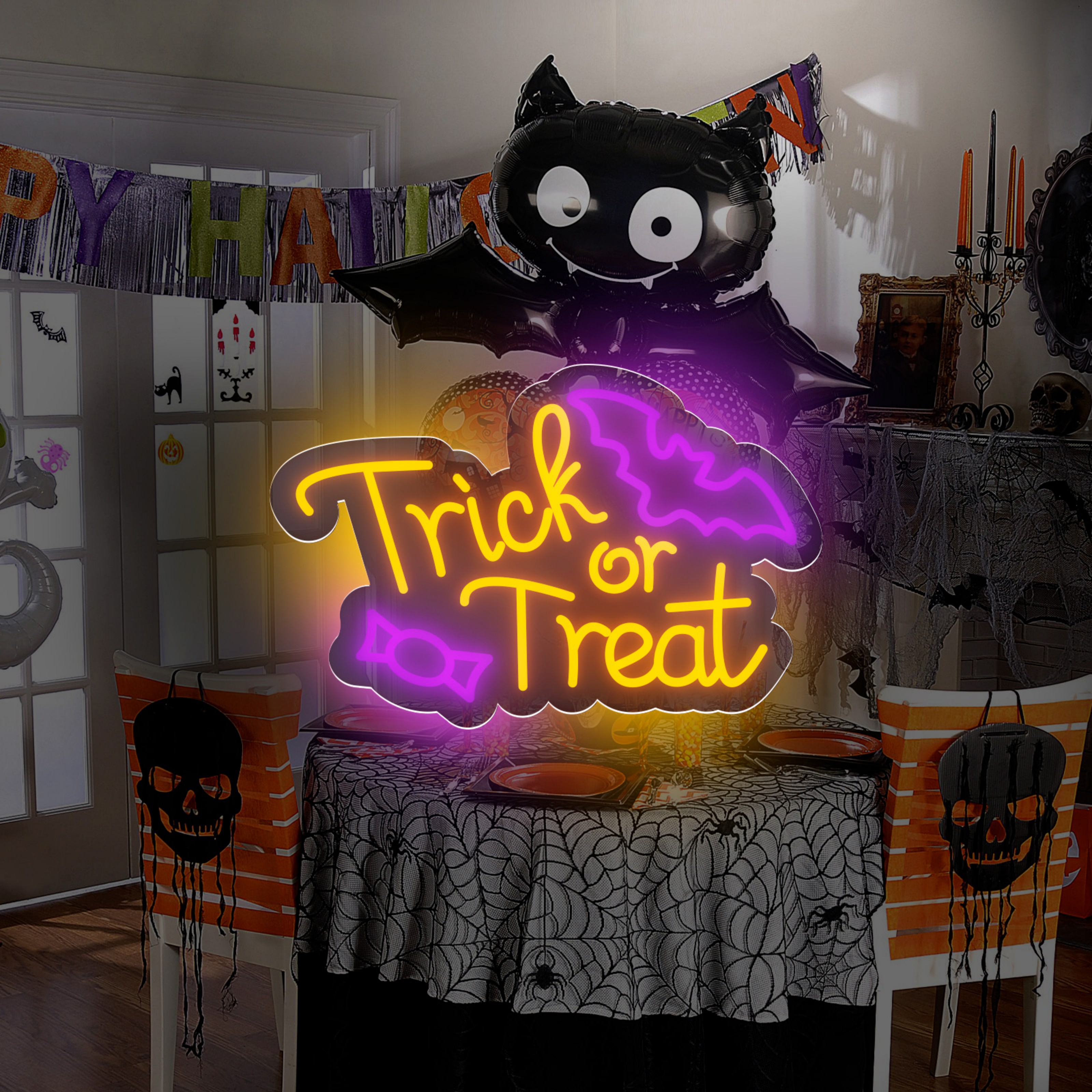 UPONRAY Trick or Treat Neon Signs, 15.3"*9.6" Dimmable & USB-Powered LED Neon Light, Stylish Wall Decor for Halloween Party, Home, Bar, Shop, Haunted House