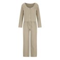 thumbnail image 4 of Women Fall Fashion Casual 2 Piece Outfit Cotton Linen Long Sleeve Button V Neck Crop Tops Wide Leg Pants Sets Loungewear, 4 of 6
