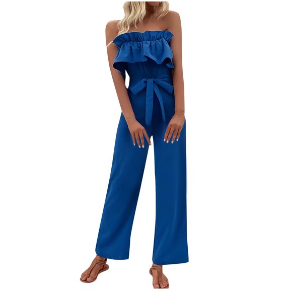 SHTXOZHI Women;s Off Shoulder Tube Tops Jumpsuit Summer Sleeveless Wide Leg Long Rompers with Pockets