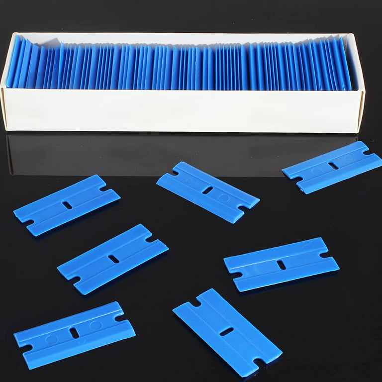 TCP Global Window Glass Scraper Set with 100 Piece Plastic Razor Blades with Chisel Edge, Remove Decals, Stickers, Blue