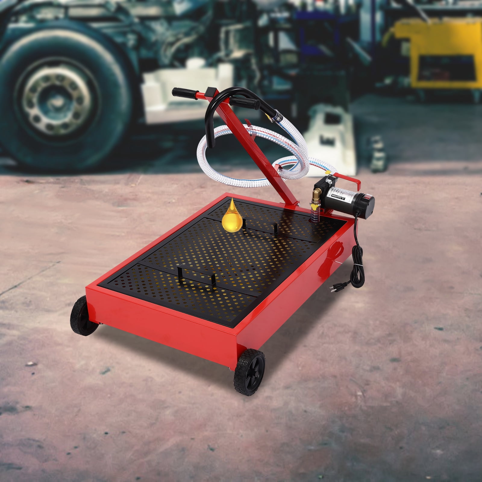 Oil Drain Pan with High-Flow Pump, 64.35L Capacity, Sturdy Steel Build, Large Non-Slip Wheels for Smooth Movement and Easy Fluid Drainage