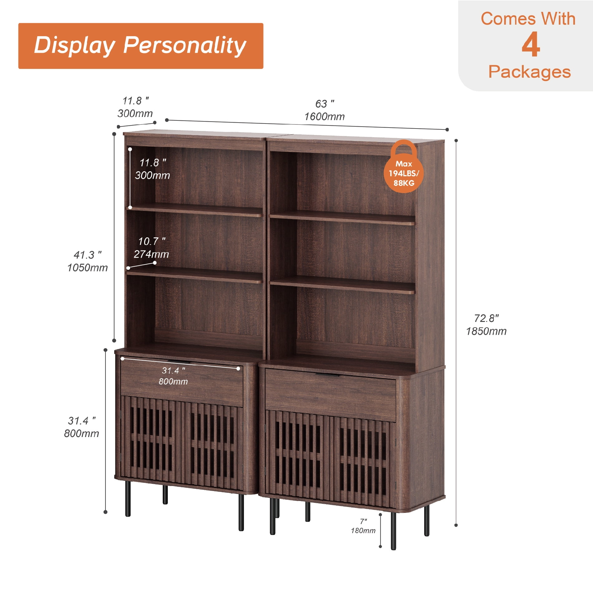 72.8 Inch Tall Bookshelf with Storage Cabinet, 3 Tier Bookcase with Drawer & Adjustable Shelf, Walnut