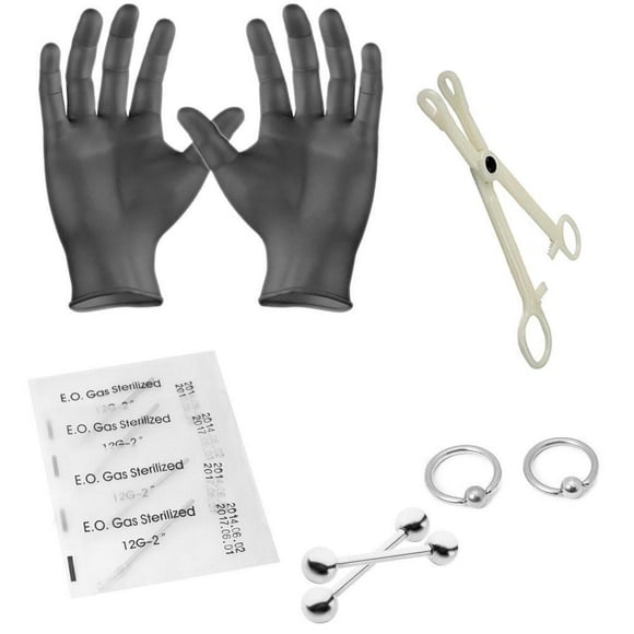 BodyJewelryOnline 10 Pcs. 12 Gauge Piercing Kit incl. Captives, Barbell, Needles, Forceps, Gloves