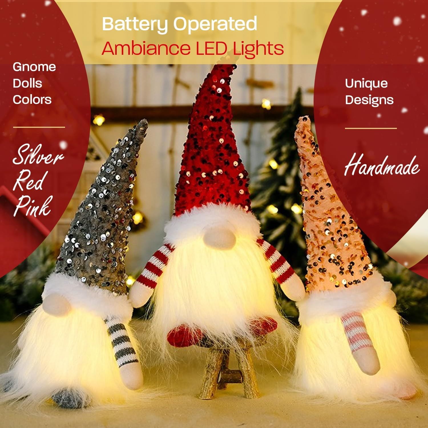 Christmas Set of 3 Light Up Christmas Gnomes, Silver, Pink & Red Christmas Gnomes - Plush Lighted Tomte Ornaments Figurines Dolls, Christmas Decorations