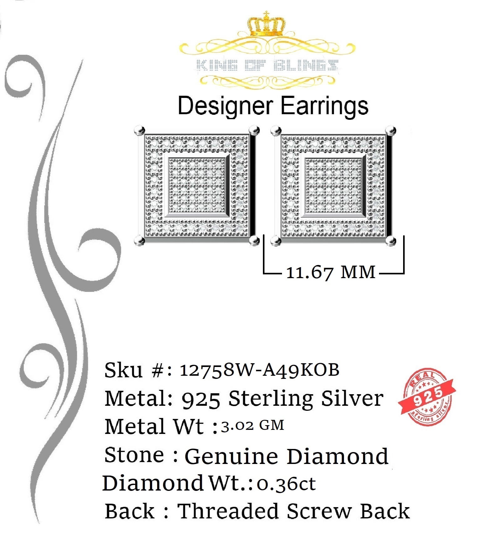 King of Bling's 0.36ct Diamond Stud Earrings For Women's White 925 Sterling Silver For Men's