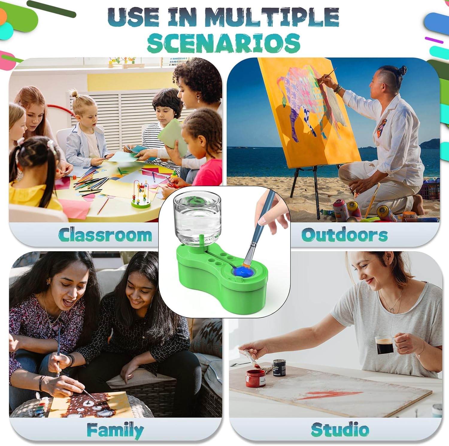 ABPETE Paint Brush Cleaner, Painting Supplies with Drain and Brush Holder, Water Circulation Paint Brush Cleaner Tool for Watercolor, Water-Based Paints for Kids, Watercolor Cleaning Tool, Green