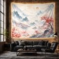 thumbnail image 6 of Pink Blossoms Beside Blue-Gray Mountains and Water, Serene Watercolor for Nature Lovers, Landscape Decor, New Home Gift, Tapestry Wall Hanging for Bedroom and Living Room, 6 of 7