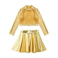 thumbnail image 3 of Alvivi Kids Girls Shiny Metallic Ballet Jazz Hip Hop Dance Outfit Long Sleeve Crop Top with Skirt Set Gold 6, 3 of 7