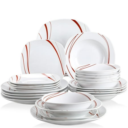 

VEWEET Dinnerware Sets Porcelain Dinner Set for 6 24-Piece Ivory White Brown Lines Series Bonnie