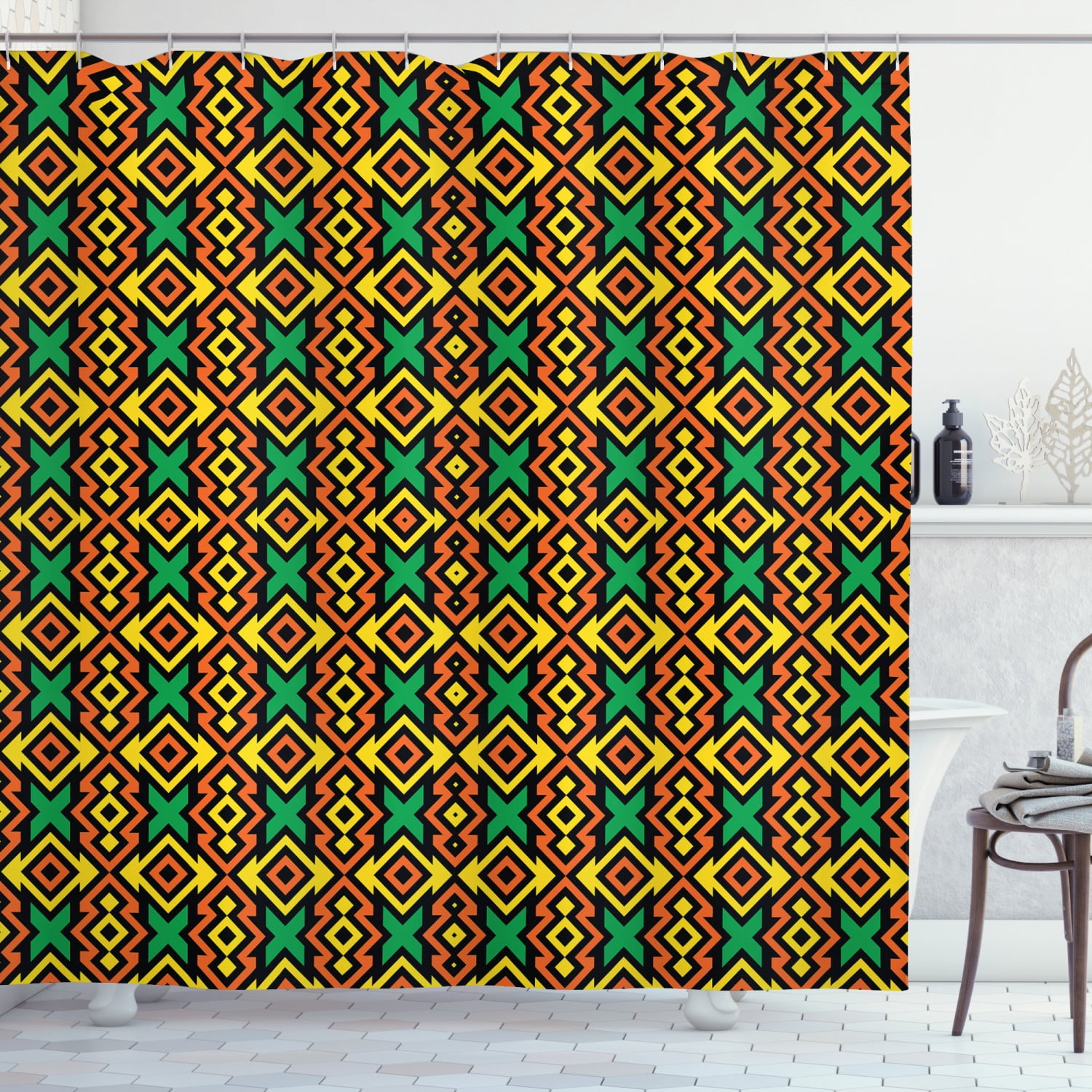 Kente Pattern Shower Curtain, Exotic African Vertical Borders from