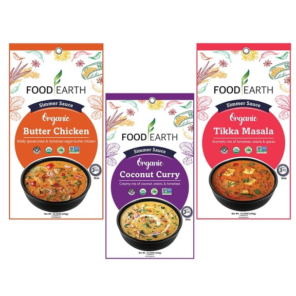 Food Earth -Organic Simmer Sauce, 100% Organic, Vegan, Gluten-Free, Heat & Serve, Curry or Marinade Base, 6-Pack (5.29 oz Each) – Shelf-Stable Indian Cooking Sauce