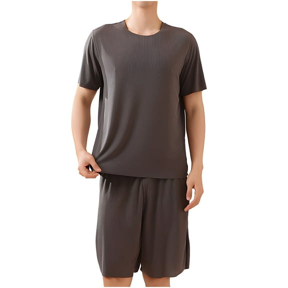 WQQZJJ Men's Pajamas Homewear Set, Summer Casual Solid Color Plus Size Pajamas Two Piece Set, Crew Neck Short Sleeve Top   Bermuda Shorts