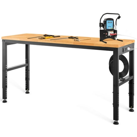 

VEVOR Workbench Adjustable Height 61 L X 20 W X 36 H Garage Table w/ 27.1 - 36 Heights & 2000 lbs Load Capacity with Power Outlets & Hardwood Top & Metal Frame & Foot Pads for Office Home