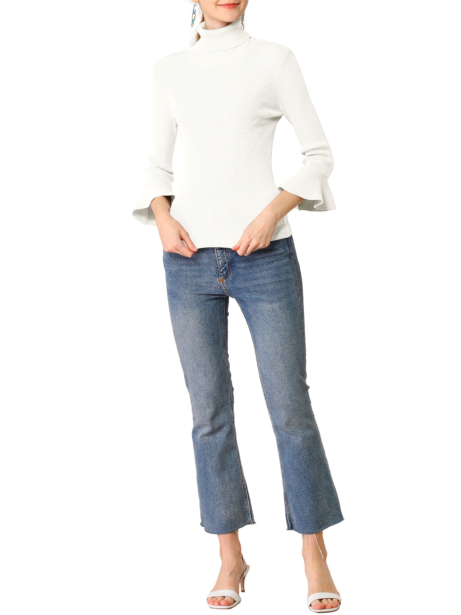 DARING DIVA Women's Ruffle Sleeves Pullover Knit Turtleneck Sweater L White