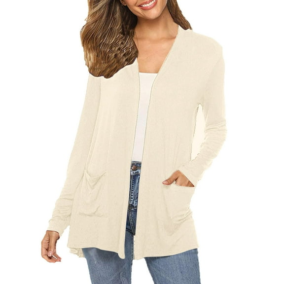 Women Cardigan Casual Long Sleeve Open Front Solid Color Loose Lightweight With Pockets Fall Shrug