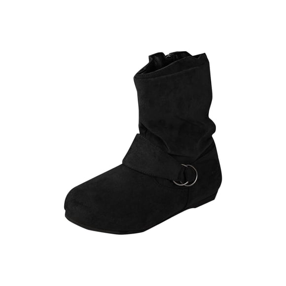 Wdhugt Women'S Short Boots Round Toe Side Zipper Flat Ankle Boots Winter Casual Footwear Flock Upper Black Us Size 5.5 Fits Foot Length 9.06 Inches