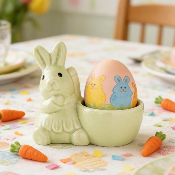 Ceramic Rabbit Egg Holder Stand - Bunny Egg Cup for Soft Boiled Eggs, Easter Egg Display Stand & Vintage Decoration for Tabletop, Party, and Kitchen Decor