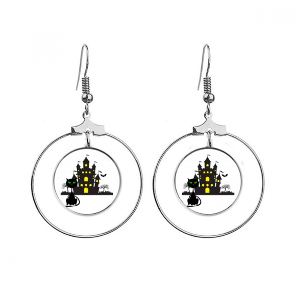Halloween Horrible Gloomy Castle Cat Earrings Dangle Hoop Jewelry Drop Circle