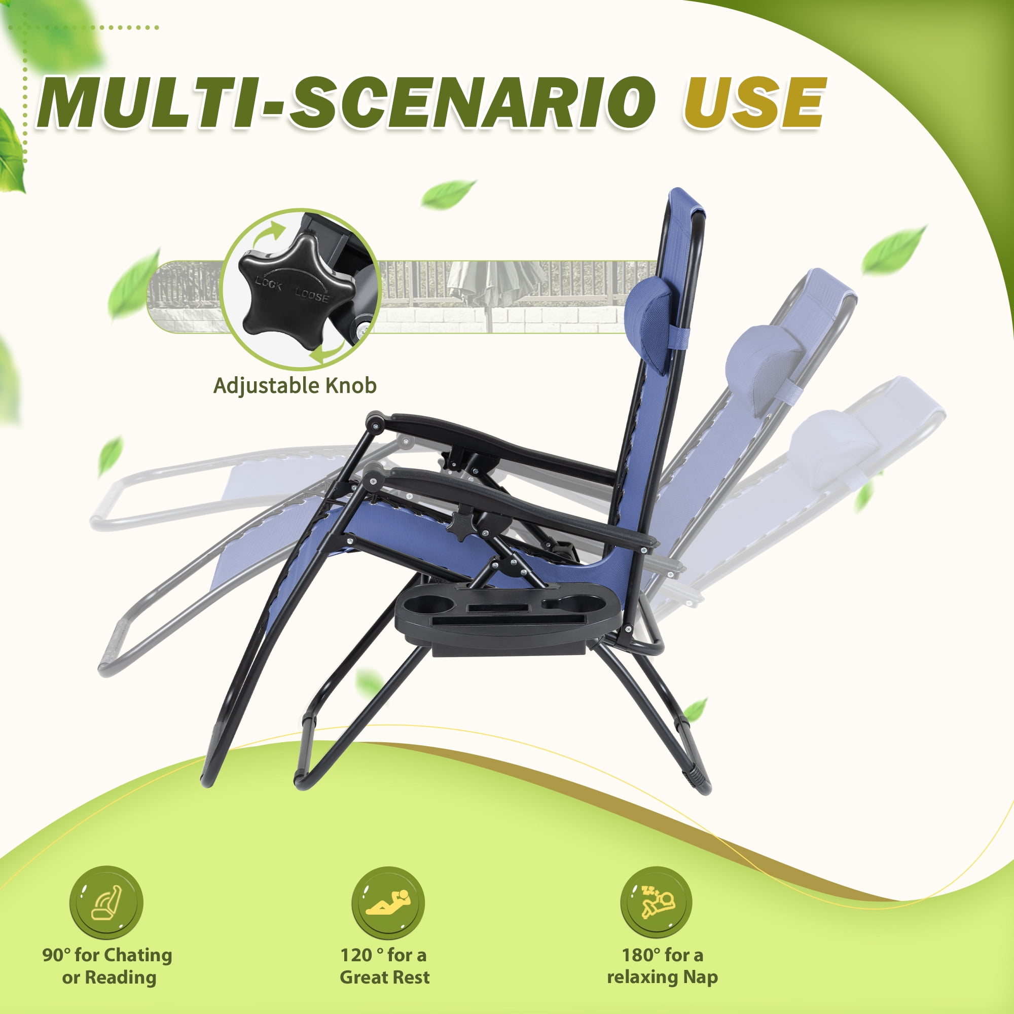 Devoko Adjustable Zero Gravity Chair with Pillow and Cup Holder - Set of 2 Blue