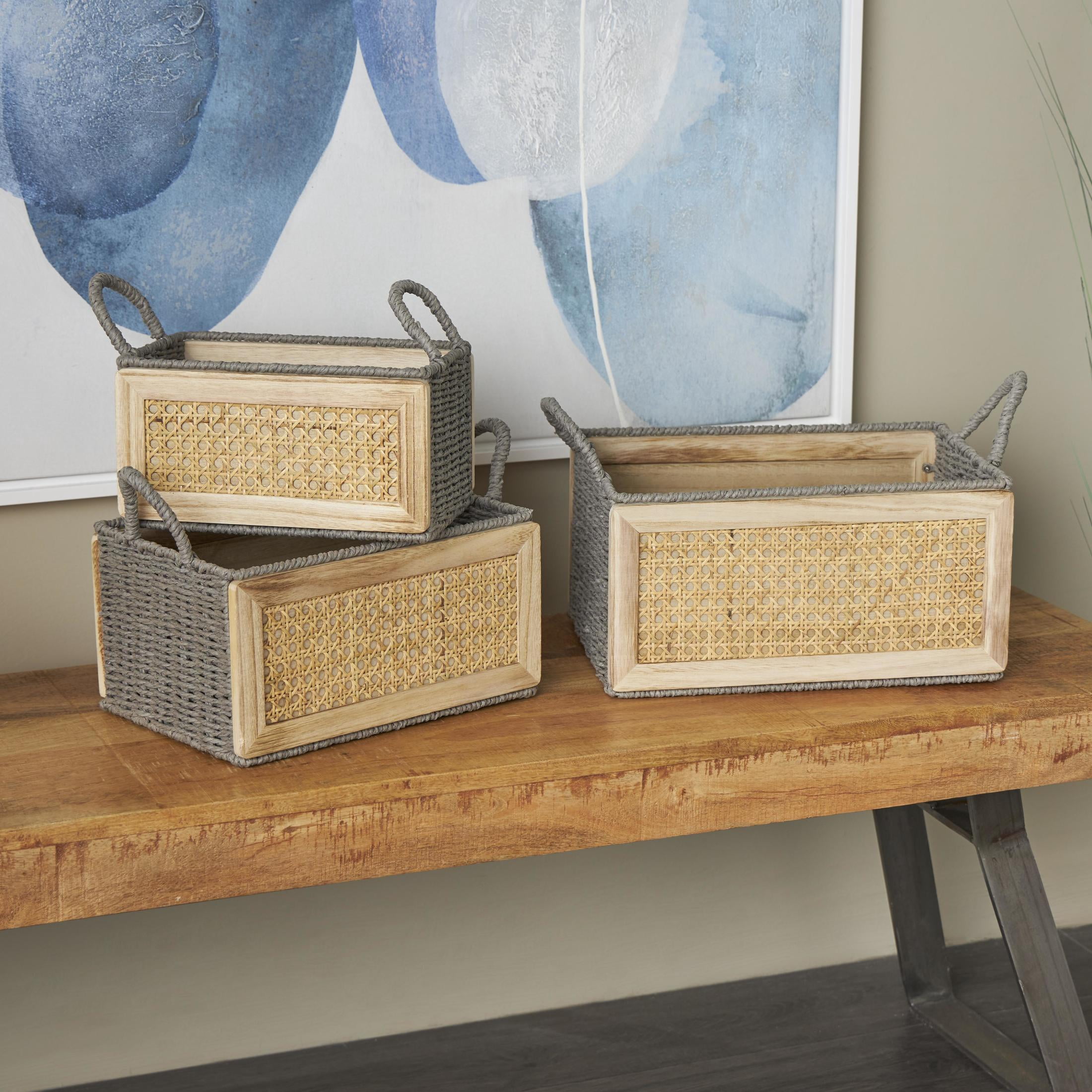 DecMode 14, 13, 10"W Brown Rattan Woven Storage Basket with Rope Handles, 3-Pieces