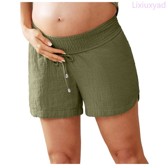 Lixiuxyad Shorts for Summer Casual Women's Double Layered Pleats Maternity Shorts Underbelly Drawstring Elastic Waist Cotton Shorts With Pockets Summer Cute Beach Casual Shorts,Green L
