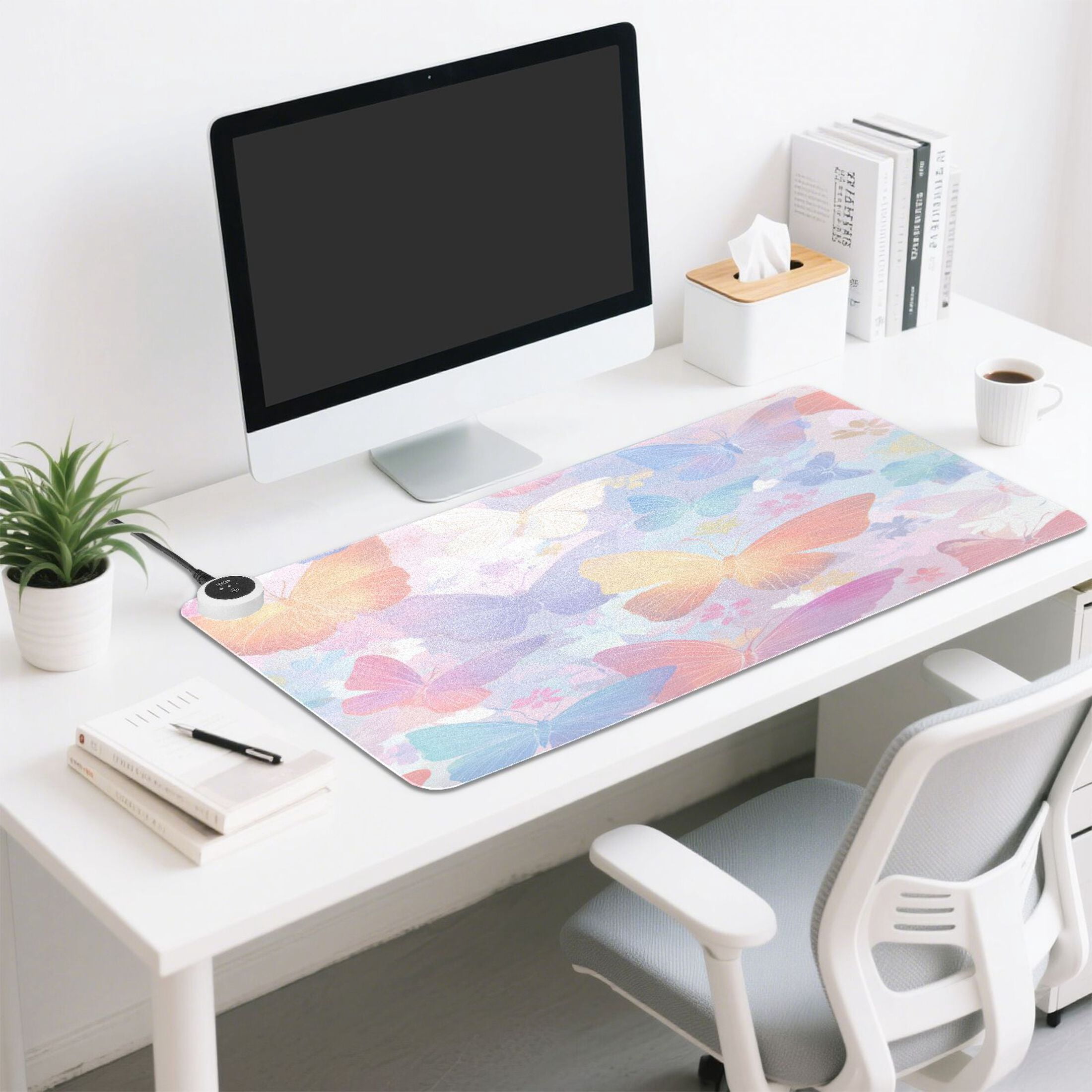 Large Heated Desk Mat Mouse Pad 31.5"x13"PU Leather Graphene Heating Desk Warmer with 3 Temperature Settings 110V US Plug Non-Slip Warm Pad for Home, Office, and Gaming Rainbow Pastel Butterfly Dance