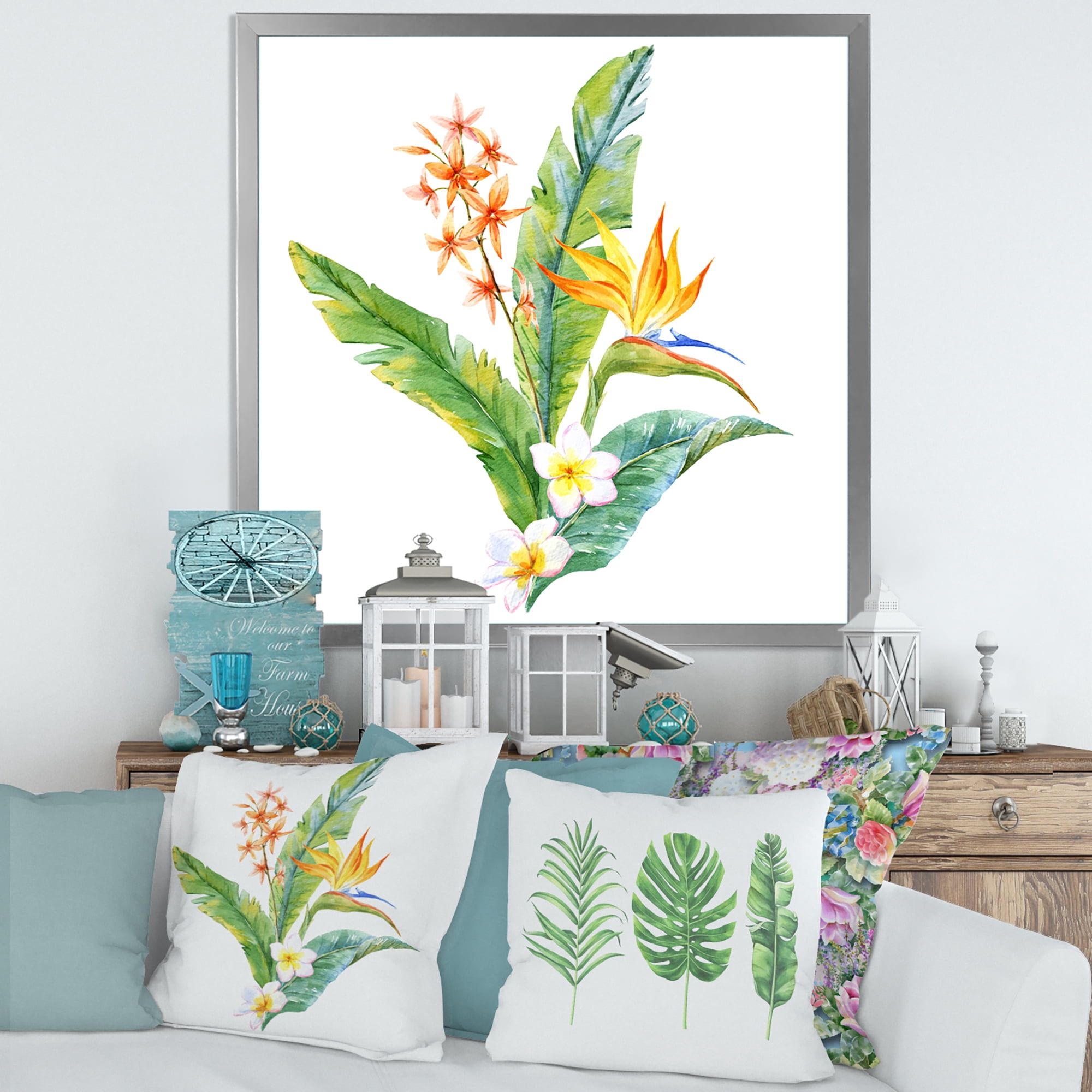 Designart 'Green Leaves With Tropical Yellow Flowers I' Traditional Framed Art Print