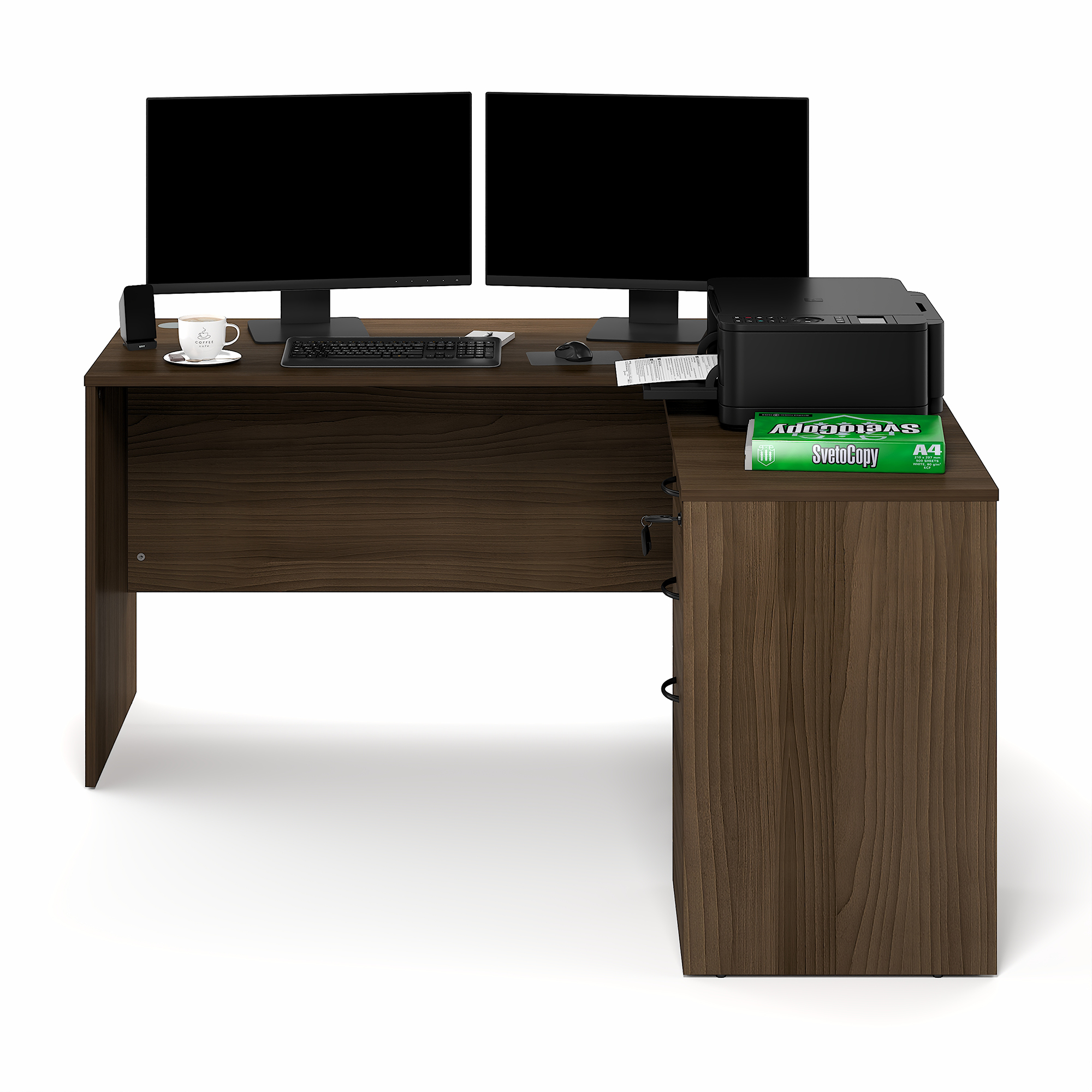 Furinno ROGER 60" L-Shaped Desk with 3-Drawer Cord Grommet Modern Walnut