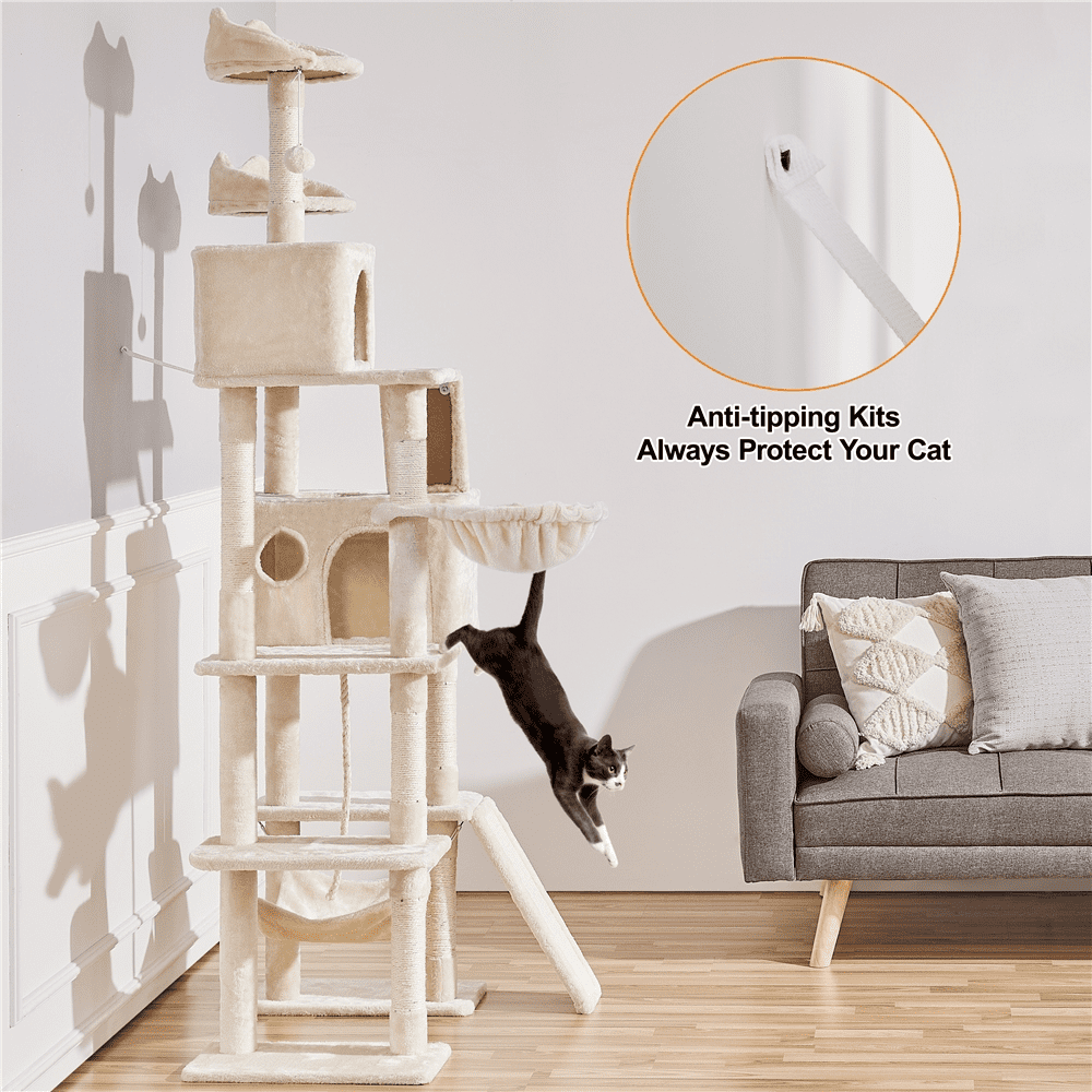 Alden Design 82.5″ H Multi Level Large Cat Tree with 2 Cozy Condos for Indoor Small/Medium Cats, Beige
