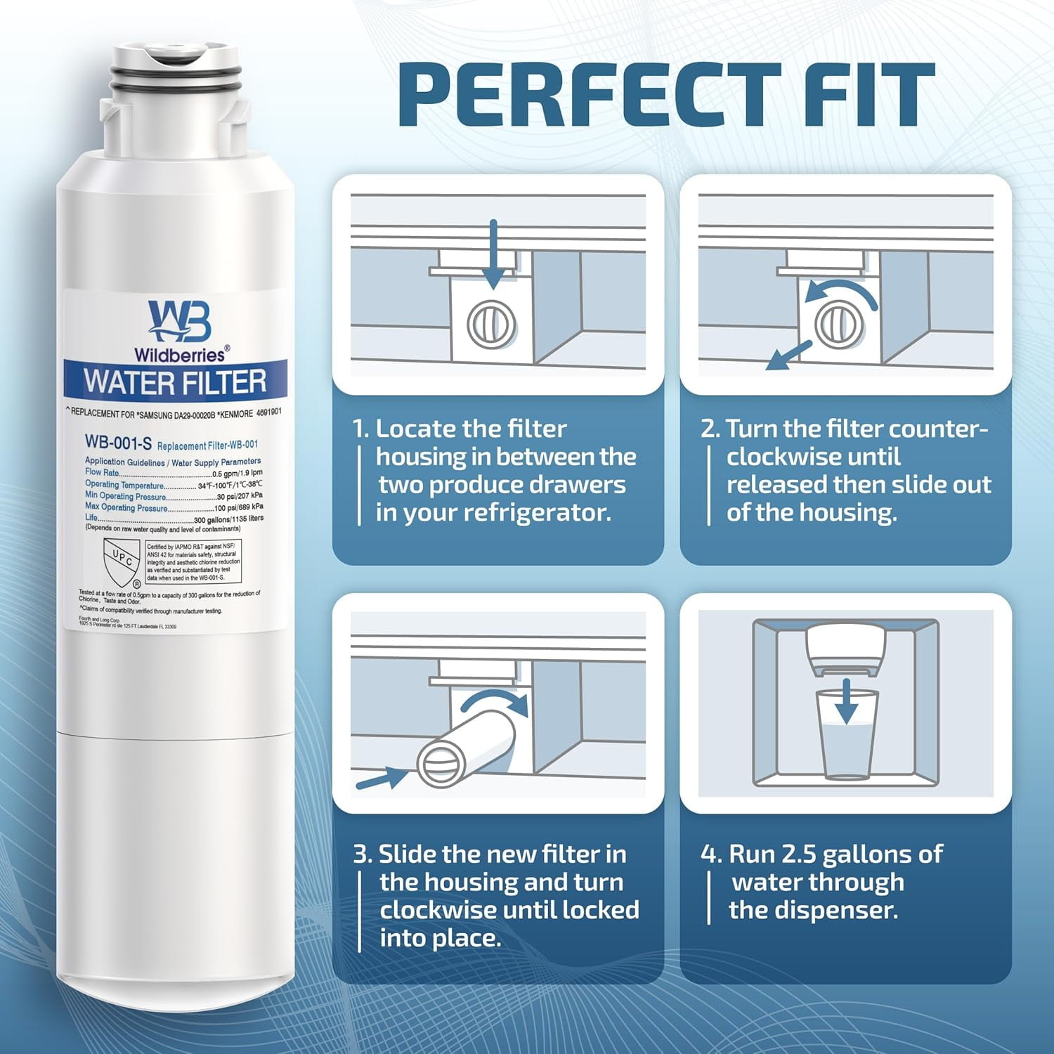 Wildberries DA29-00020B Refrigerator Water Filter Replacement for Samsung DA97-08006A, RS25J500DSR, RF23J9011SG, RF23J9011SR/AA, RF263TEAESG, RS25J500DSG, RF263BEAESR, HAF-CIN/EXP, RF28HFEDBSR, 3pack
