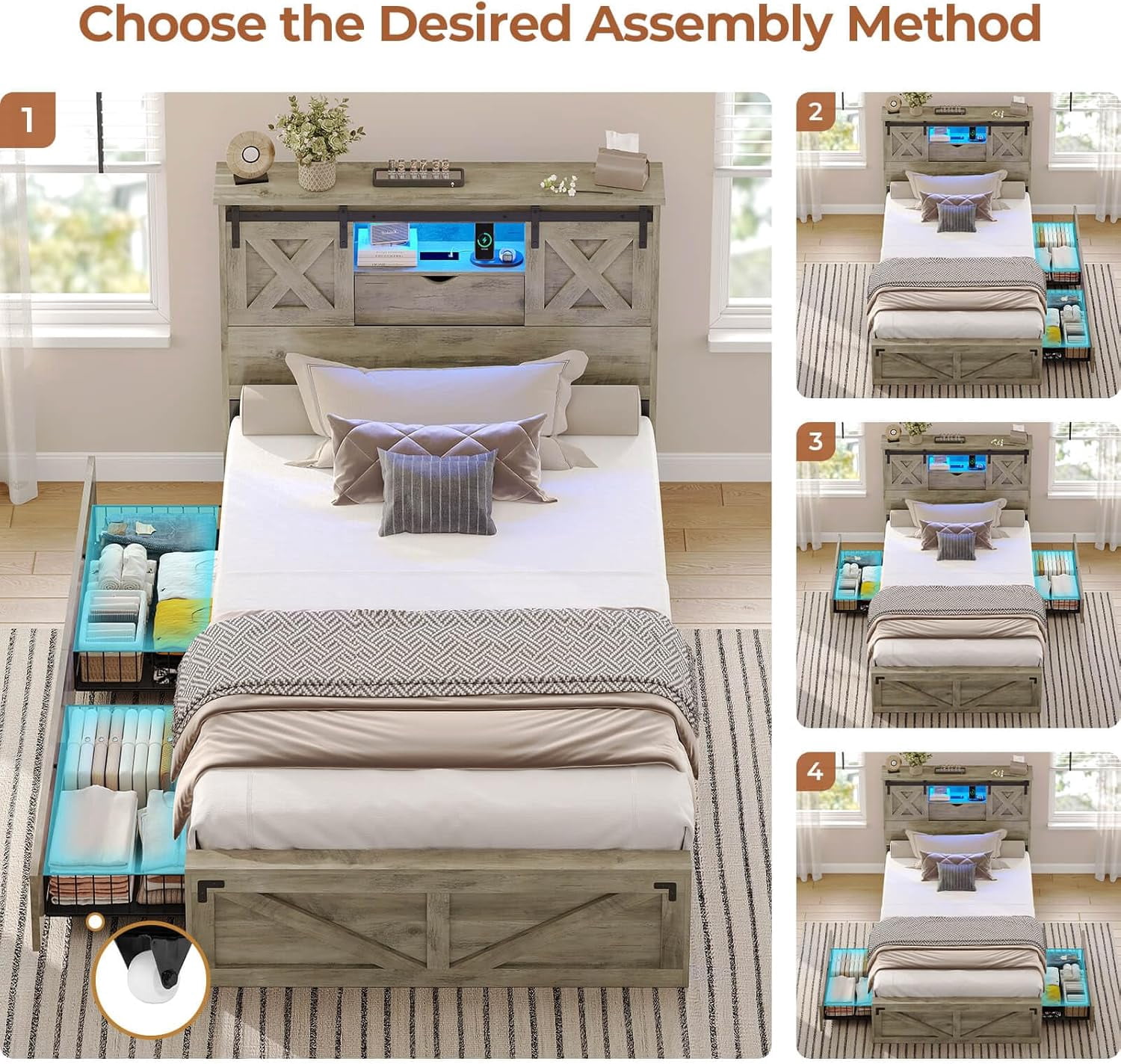 Twin Size Bed Frame with Headboard and Drawers, Farmhouse Twin Platform Bed Frame with LED Lights and Charging Station, No Box Spring Needed, Gray