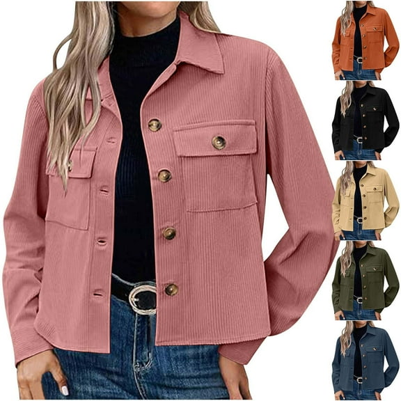 LOVZFMLL Women's Corduroy Shacket Cropped Button Down Shirts Long Sleeve Tops Jacket Coat with Pocket for Casual & Office