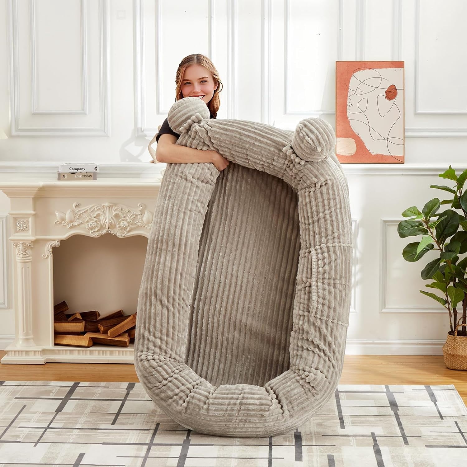 Human Sized Dog Bed, 70.87" x 45" x 12" Large Dog Bed with 2 Storage Pockets, Faux Fur Orthopedic Pet Bean Bed for Adults & Giant Pets - Khika-corduroy